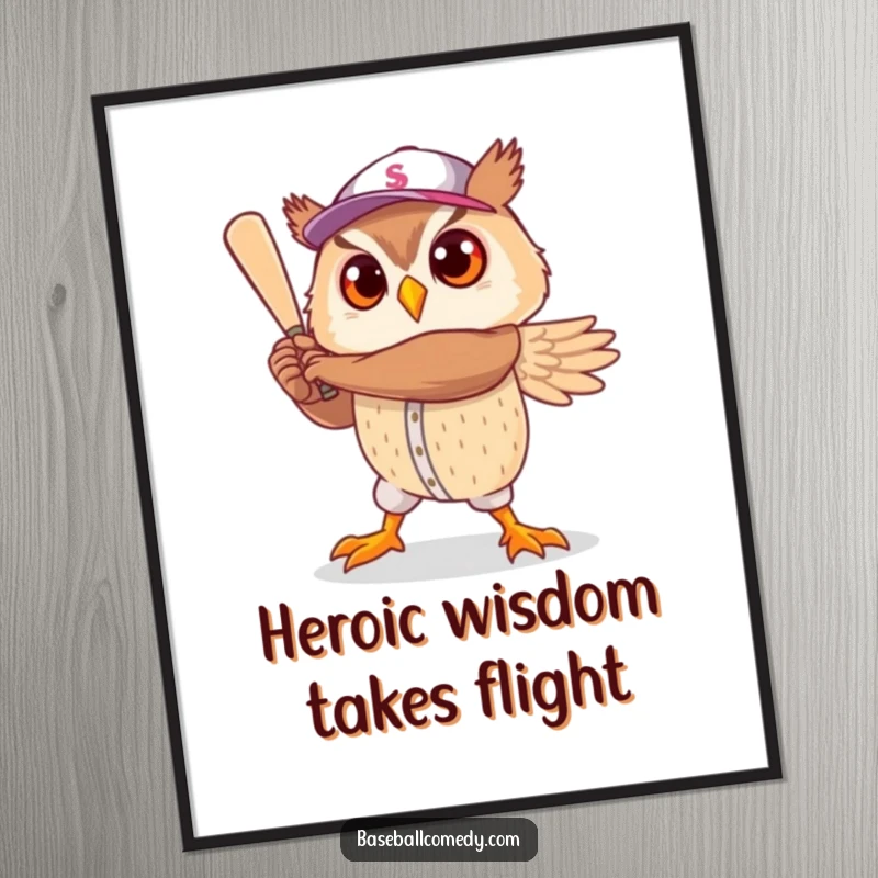 Funny digital art print: A cute owl strikes a heroic baseball player pose, humorous artwork for instant decor.