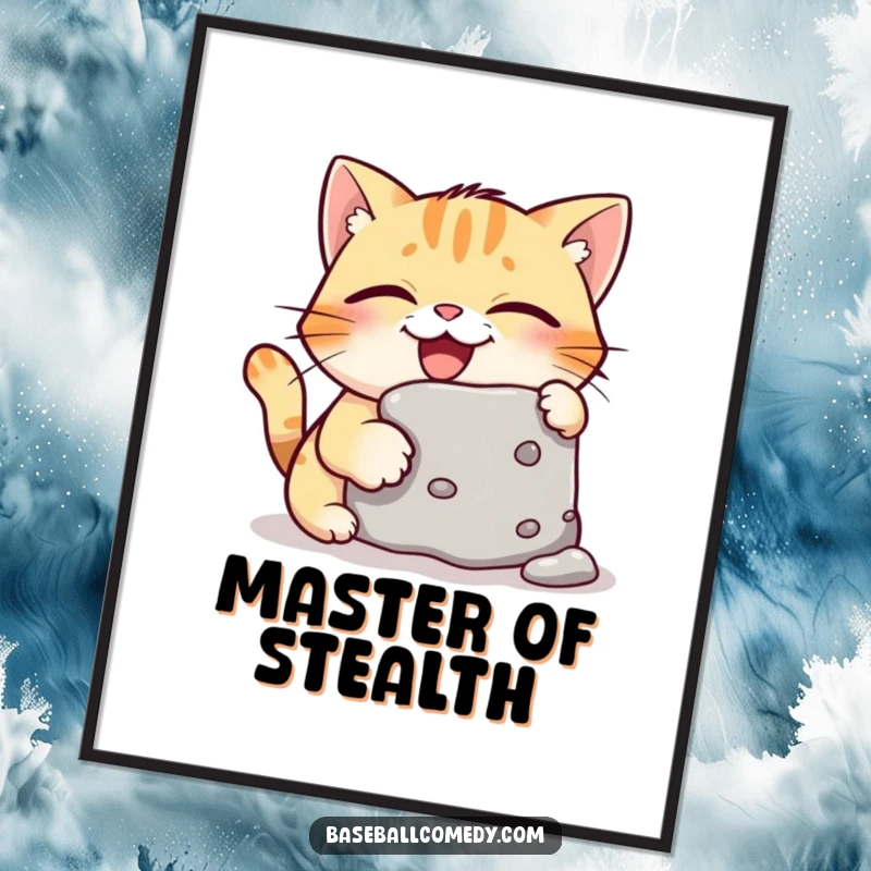 Funny digital art print of a giggling cat stealthily stealing a baseball base, capturing a moment of pure, humorous joy.