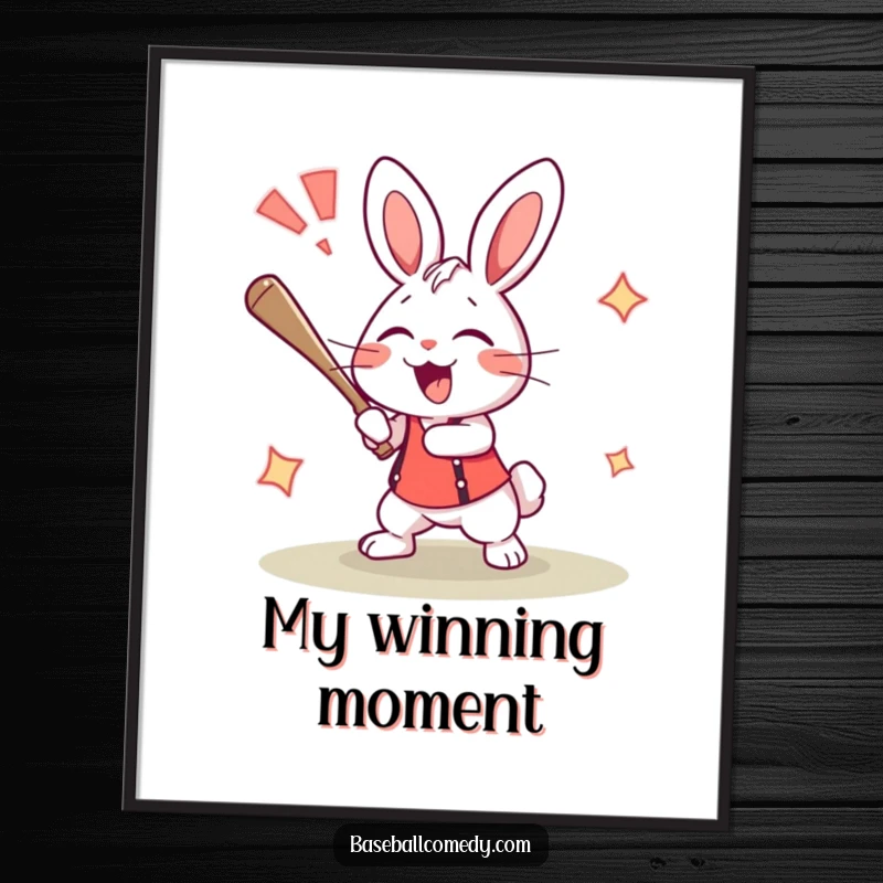 Funny rabbit digital art print of an excited bunny hitting a home run with a loud cheer, for instant decor.