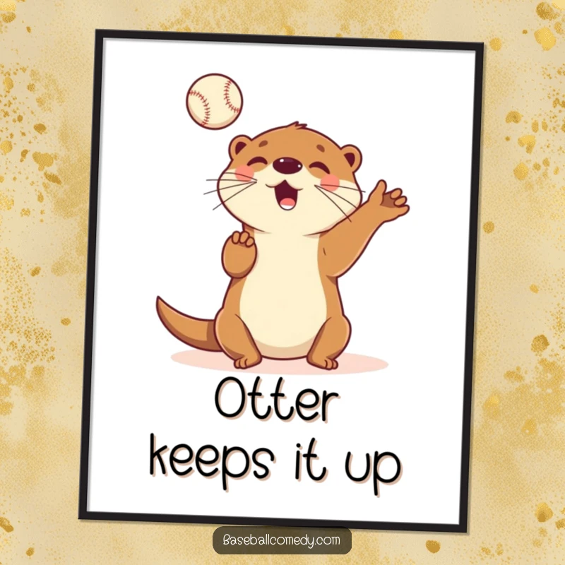 Funny digital art print of a playful cartoon otter energetically juggling multiple baseballs in the air with a joyful expression.