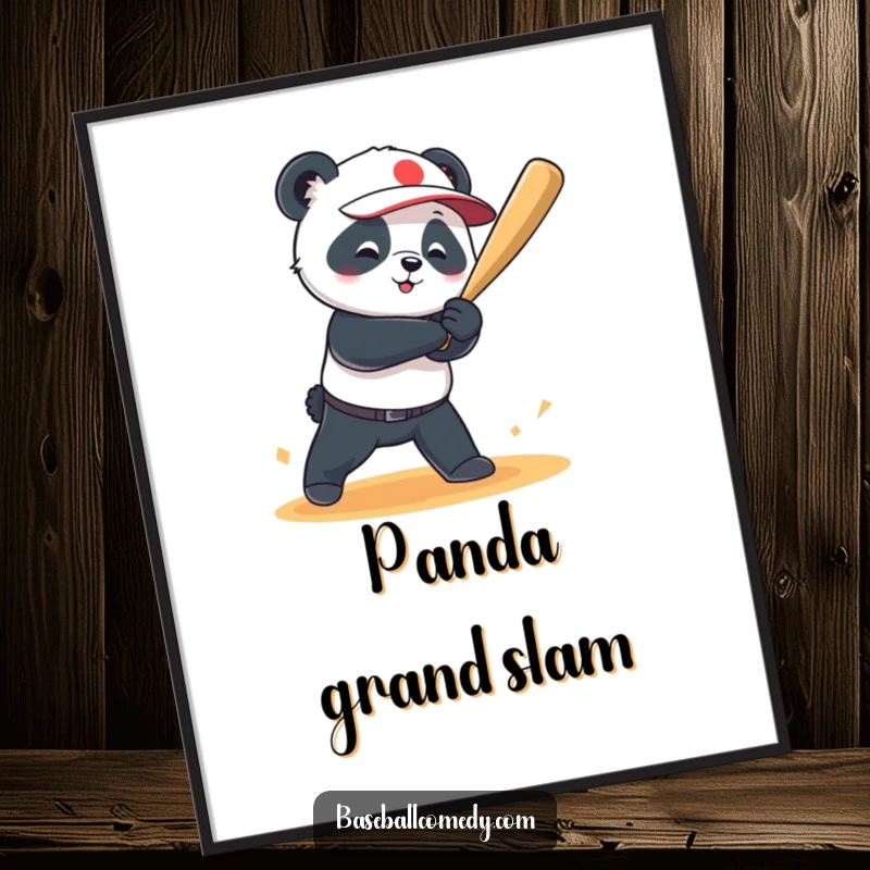 Funny digital art print of a playful panda hitting a baseball for a grand slam, creating instant baseball humor.