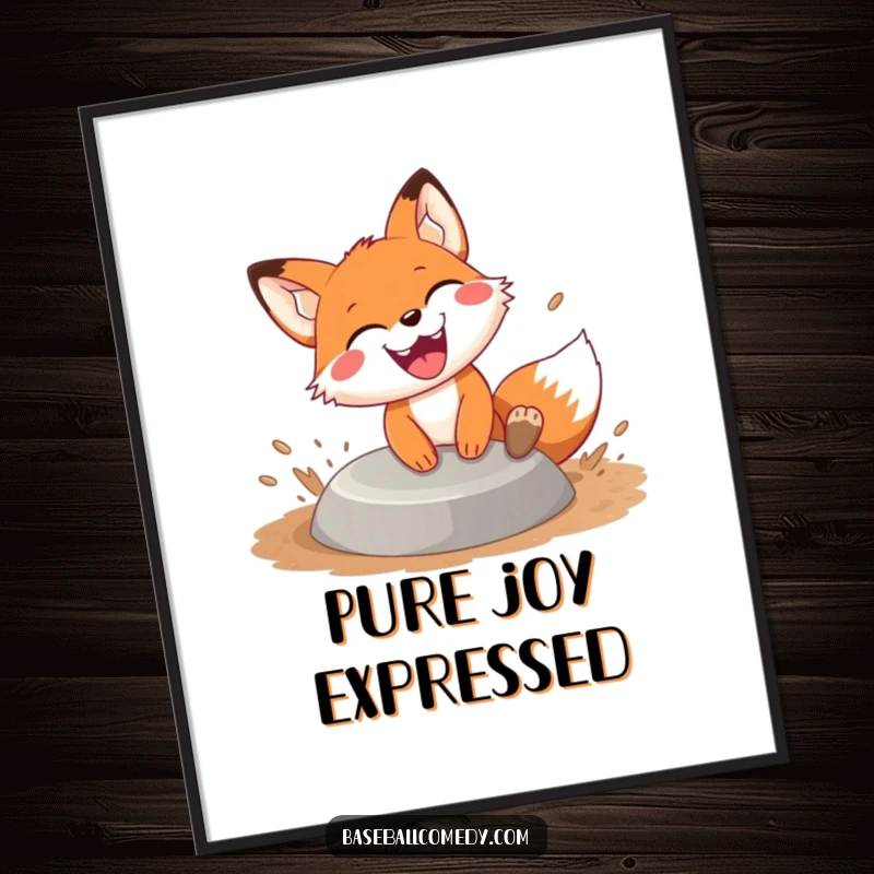 Funny fox sliding digital art, a joyful fox slides into base with dirt flying and a huge grin, ready to print and enjoy.