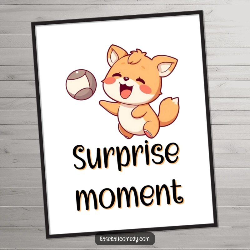 Funny Digital Art: Happy animal with a surprised expression catching a flying ball, embodying delightful unexpectedness and joy.