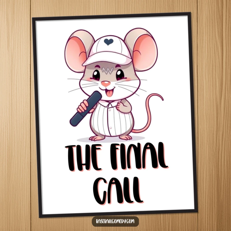 Funny mouse umpire digital art print of a silly rodent in a tiny umpire cap making a baseball call, for decor.