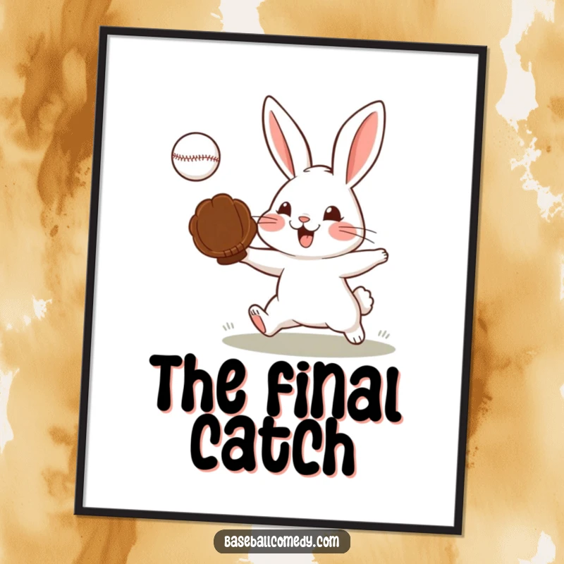 Funny digital art of a determined rabbit catching a baseball with a glove, perfect for motivational decor.