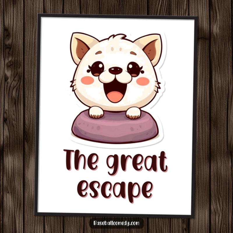 Funny digital art print of a cute animal with wide, excited eyes, mid-base steal, capturing dynamic action and humor.