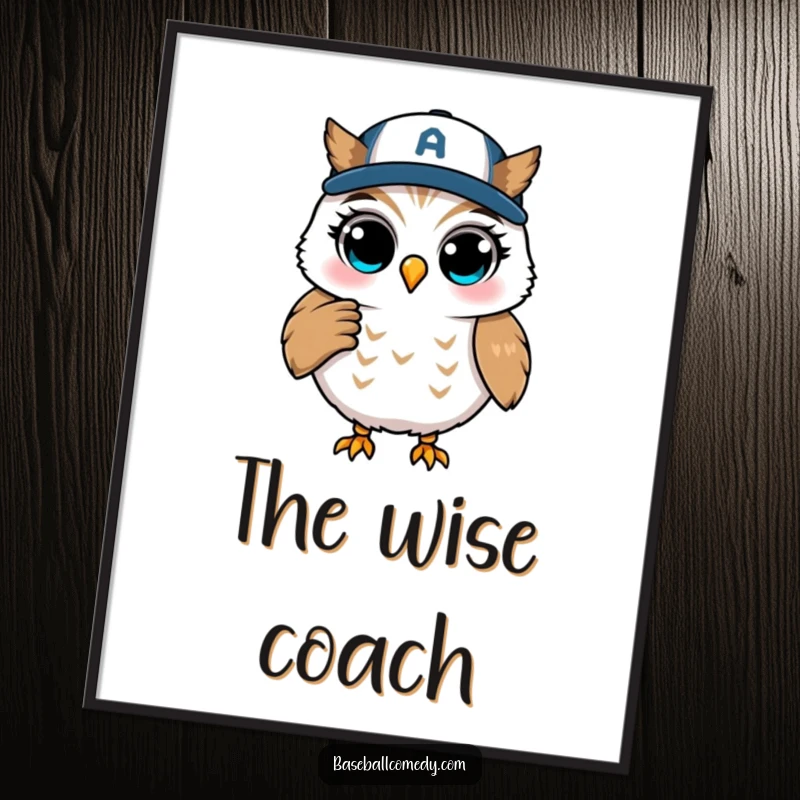 Funny digital art print of a winking owl coaching from first base, offering comical strategy and wise mentorship.