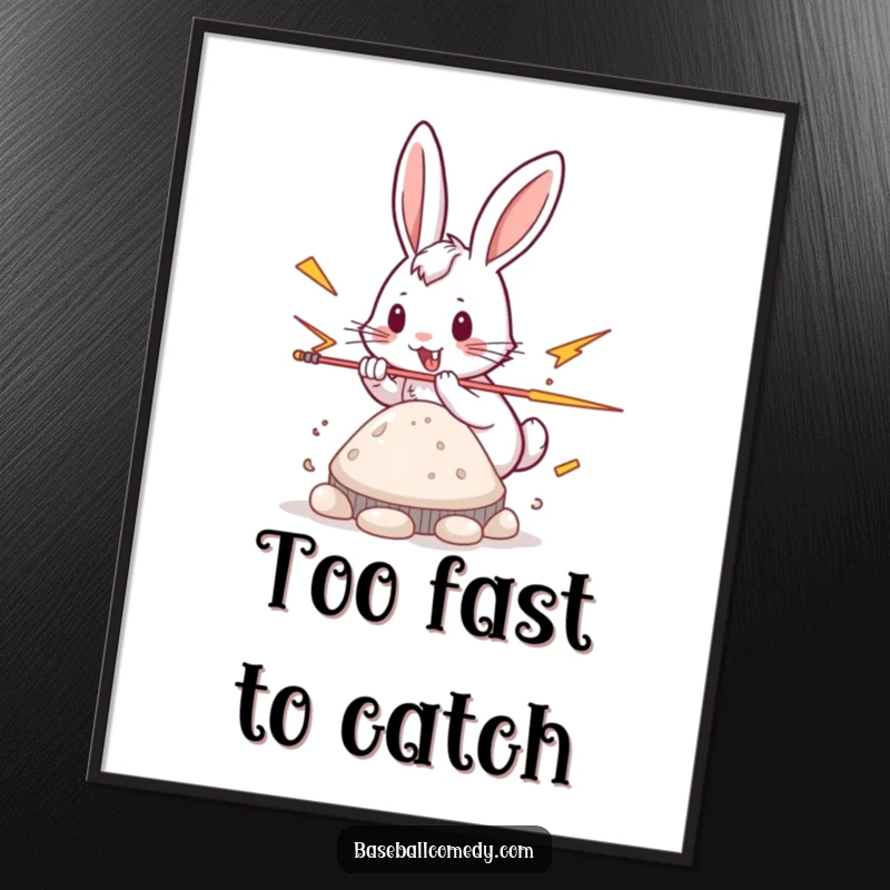 Funny rabbit digital art print, playfully stealing a base with lightning speed, energetic baseball art.