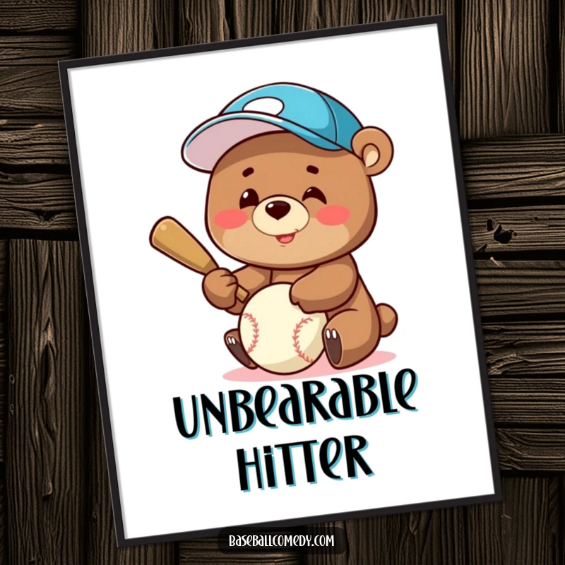 Funny Digital Art Print: A smiling bear in a baseball cap is shown batting a baseball, perfect for instant wall decor.