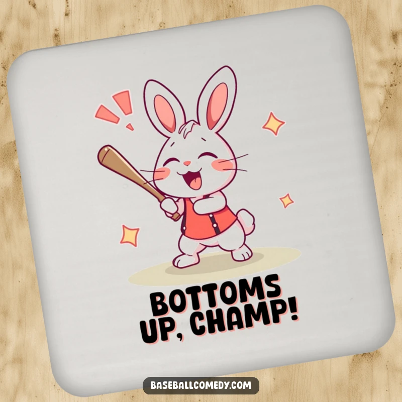 Funny rabbit coaster featuring an excited bunny hitting a home run and cheering, protecting surfaces with humor.
