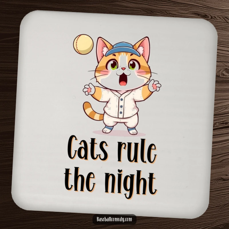 Funny cat in baseball uniform, shocked expression, catching a fly ball, on a humorous drink coaster.