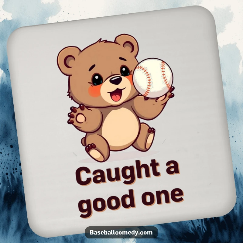 Funny bear cub coaster, determinedly catching a baseball with outstretched paws, protecting tables.