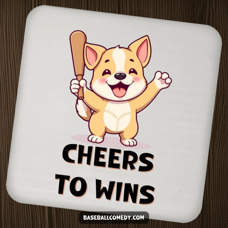 Funny dog coaster with a proud dog celebrating a home run, protecting surfaces for proud pup owners and baseball fans.