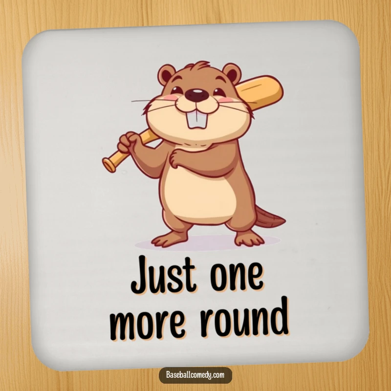 Funny beaver baseball coasters featuring a determined beaver swinging a tiny baseball bat with a hopeful grin, protecting surfaces.