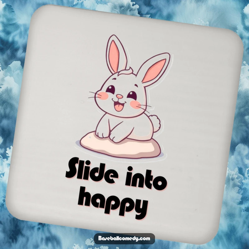 Funny drink coaster featuring a happy cartoon bunny rabbit comically sliding into home base with a wide, joyful grin.