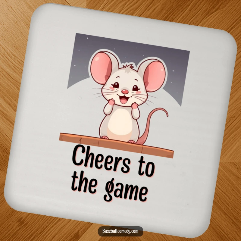 Funny drink coaster featuring a curious mouse cheering from a baseball dugout, bringing comical support to any setting.
