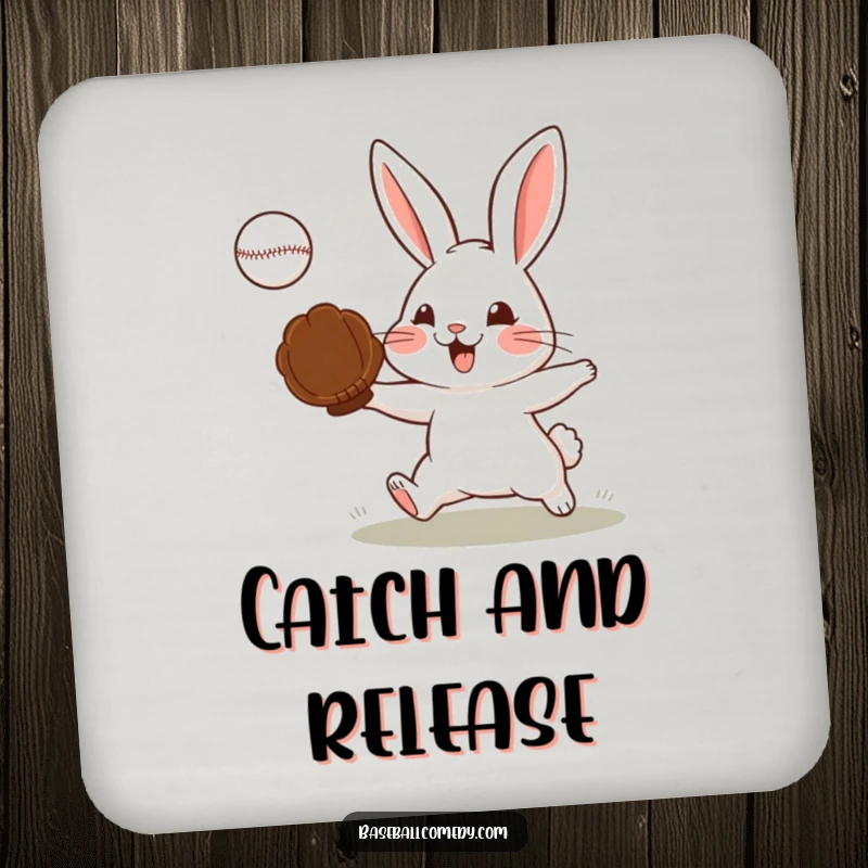Funny drink coaster showing a determined rabbit catching a baseball, perfect for protecting surfaces with humor.