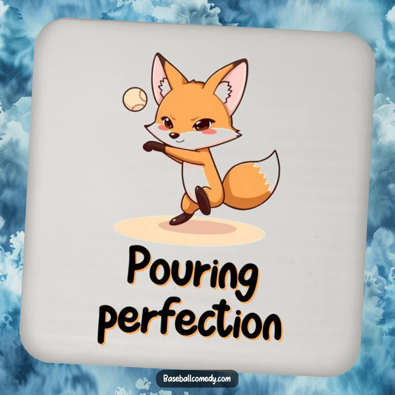 Funny fox drink coasters featuring a fox pitching a baseball, perfect for protecting furniture with humorous sports flair.