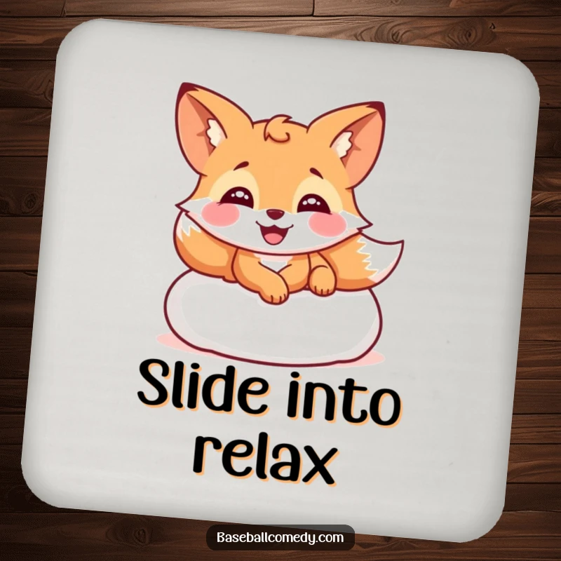 Funny drink coaster showing a giggling fox sliding into home plate, adding humor to any drink setting.