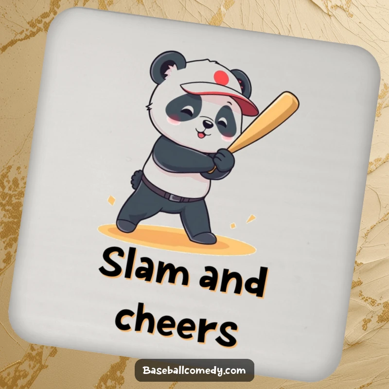 Funny drink coaster showcasing a playful panda hitting a baseball for a grand slam, adding humorous baseball celebration.