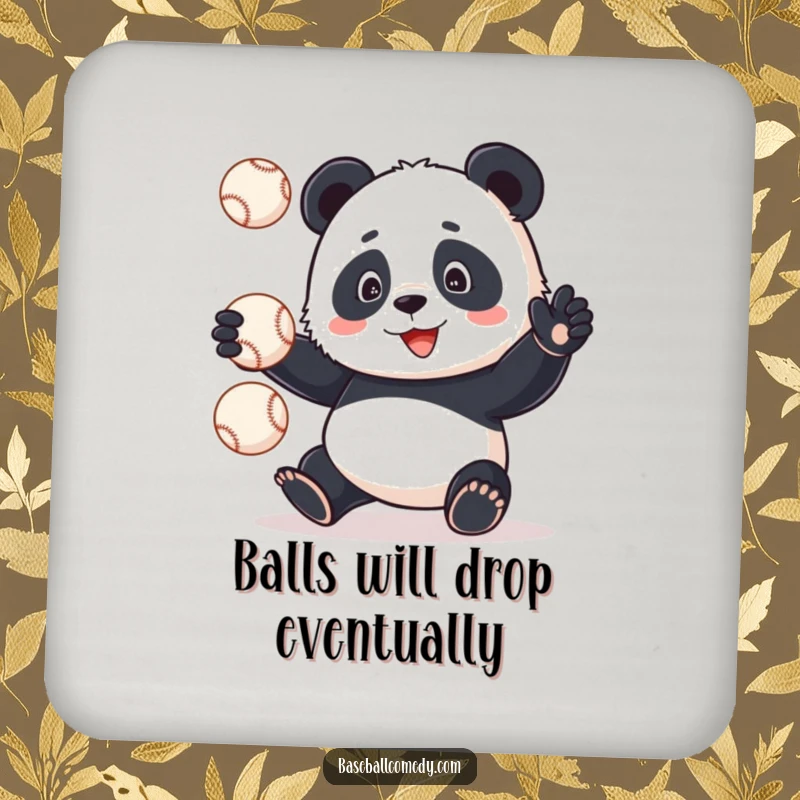 Funny panda juggling baseballs, looking focused but failing, on a drink coaster, protecting furniture with humor.