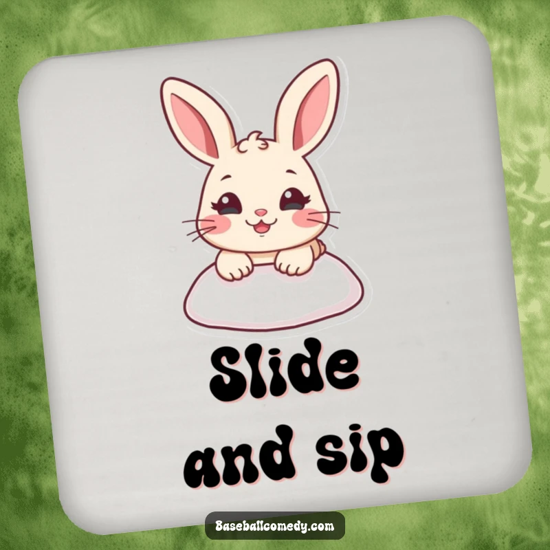 Funny drink coaster showcasing a cartoon rabbit sliding into a baseball base, adding sports humor to surface protection.