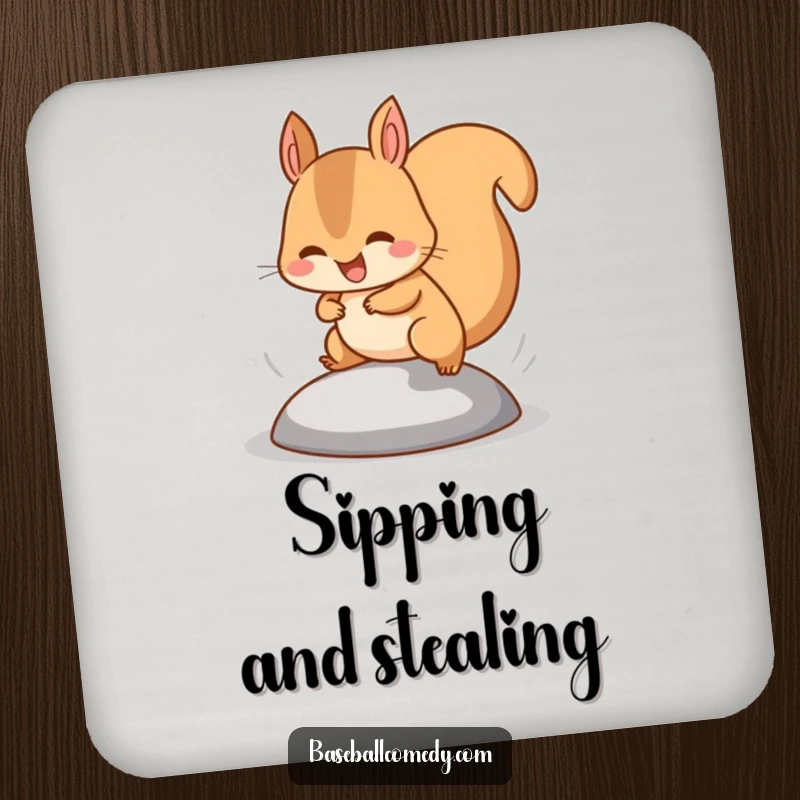 Funny squirrel coasters showing a happy squirrel stealing a base, tiny legs pumping fast, protecting surfaces.