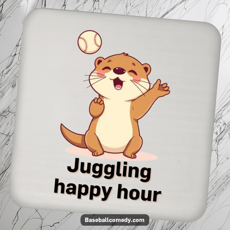 Funny drink coaster featuring a playful cartoon otter juggling multiple baseballs in the air with a happy expression.