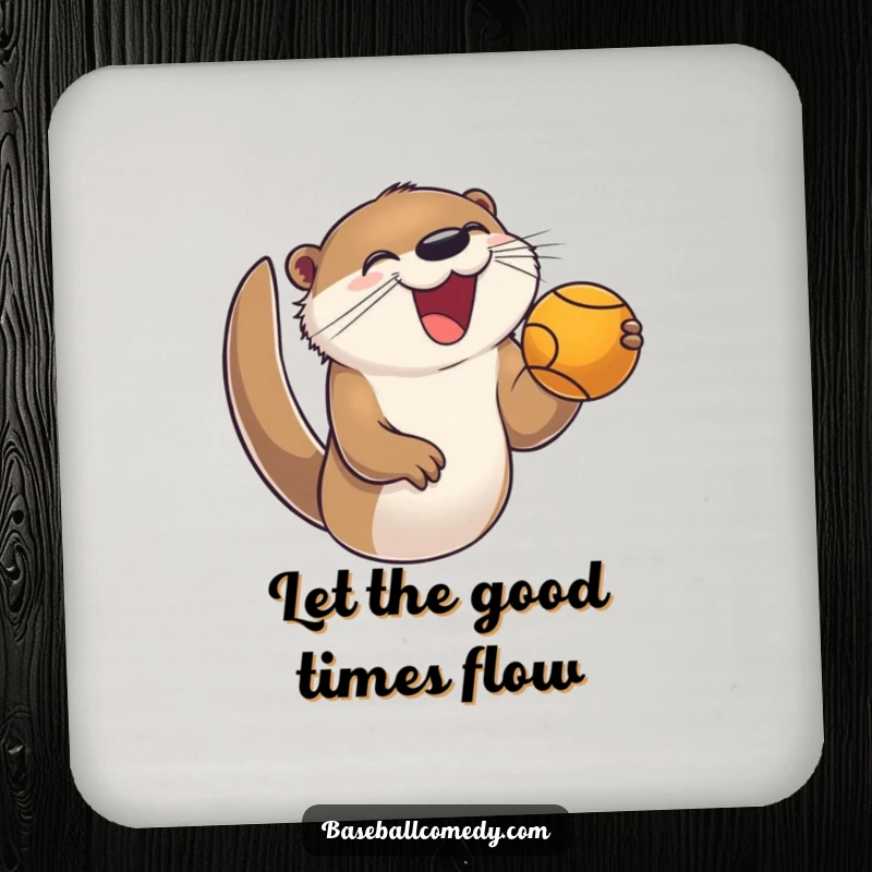 Funny drink coaster with a joyful otter enthusiastically catching a foul ball, a humorous and practical item.