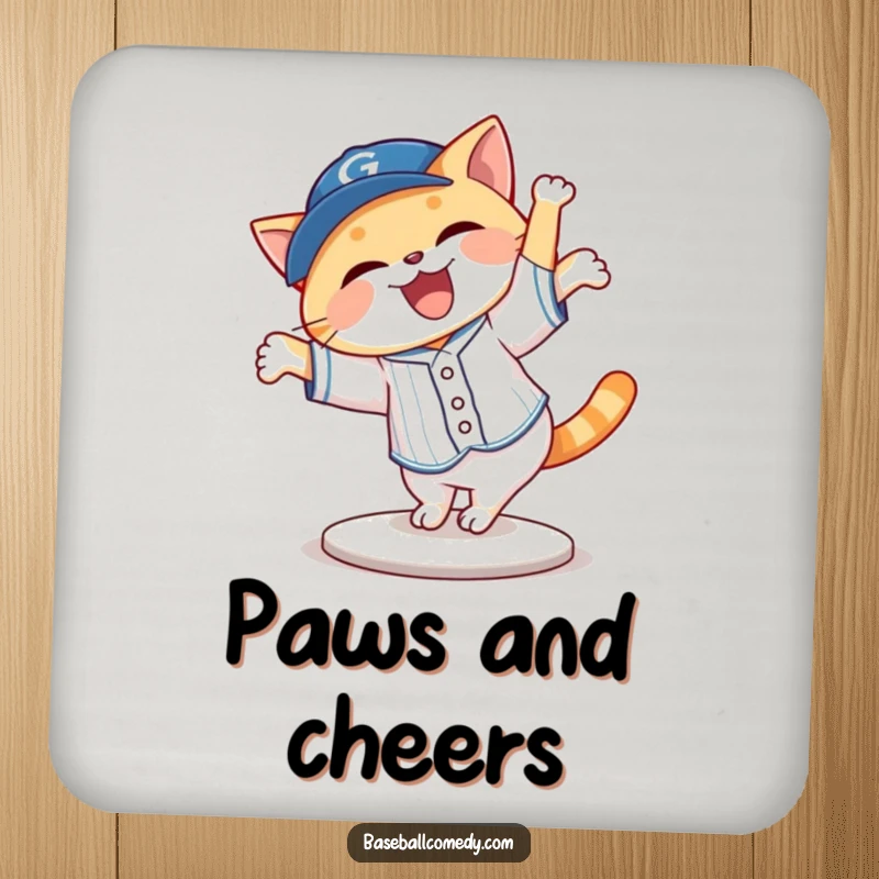 Funny cat in a baseball uniform cartwheeling off base on a coaster, protecting tables with humor.