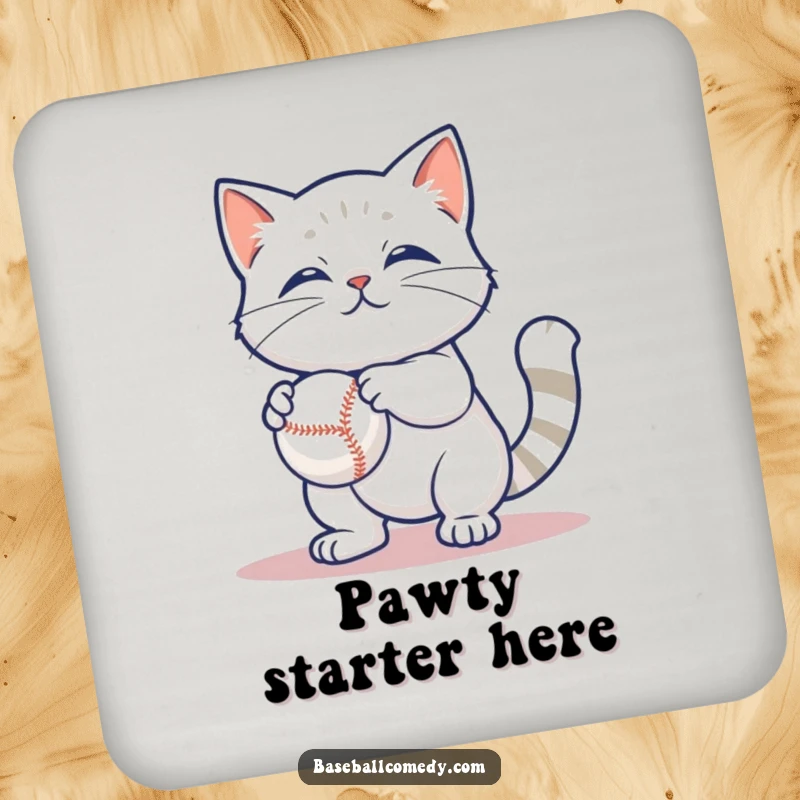 Funny drink coaster with a content cat batting at a baseball, a humorous and practical item for any home.