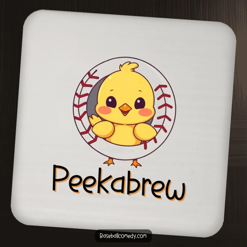 Funny coaster set with a curious chick peeking out from behind a baseball, protecting surfaces with charming humor.