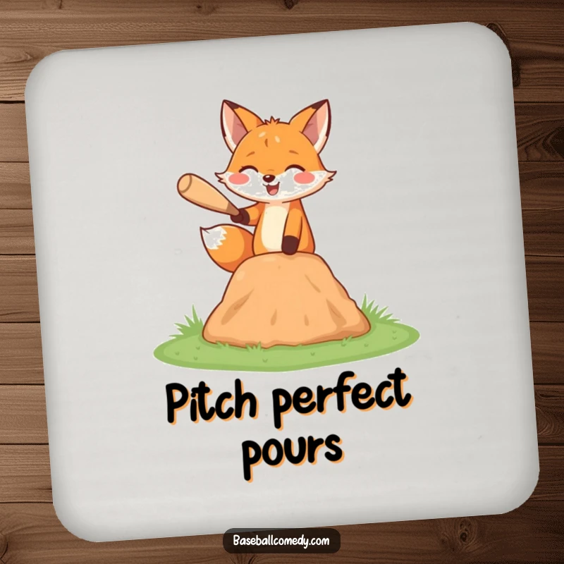 Funny fox coaster, happily pitching a baseball from a miniature mound, protecting surfaces.