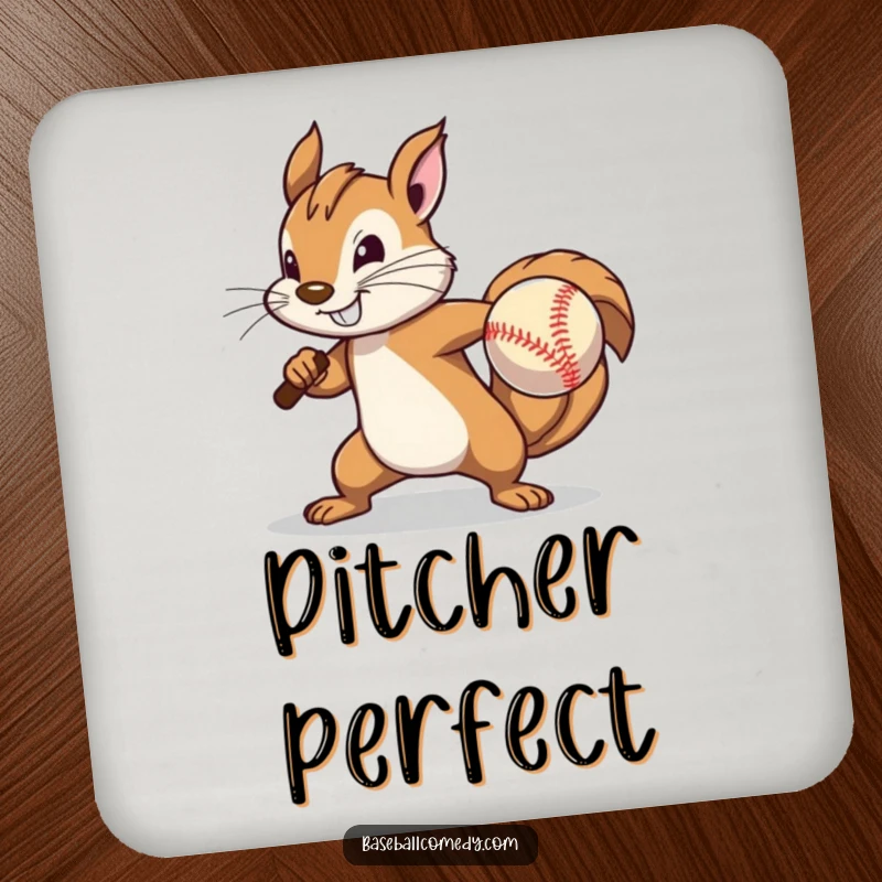 Funny Coaster: A determined squirrel pitches a baseball with great effort, designed to protect surfaces humorously.