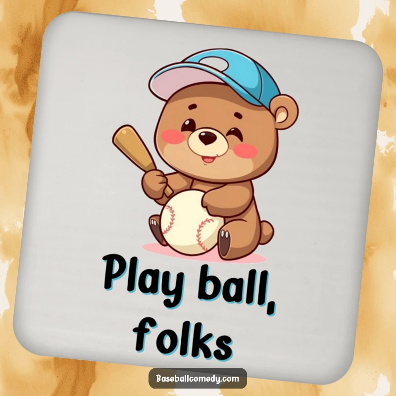 Funny Coaster: A happy bear wearing a baseball cap swings a bat, designed to protect surfaces with a humorous design.