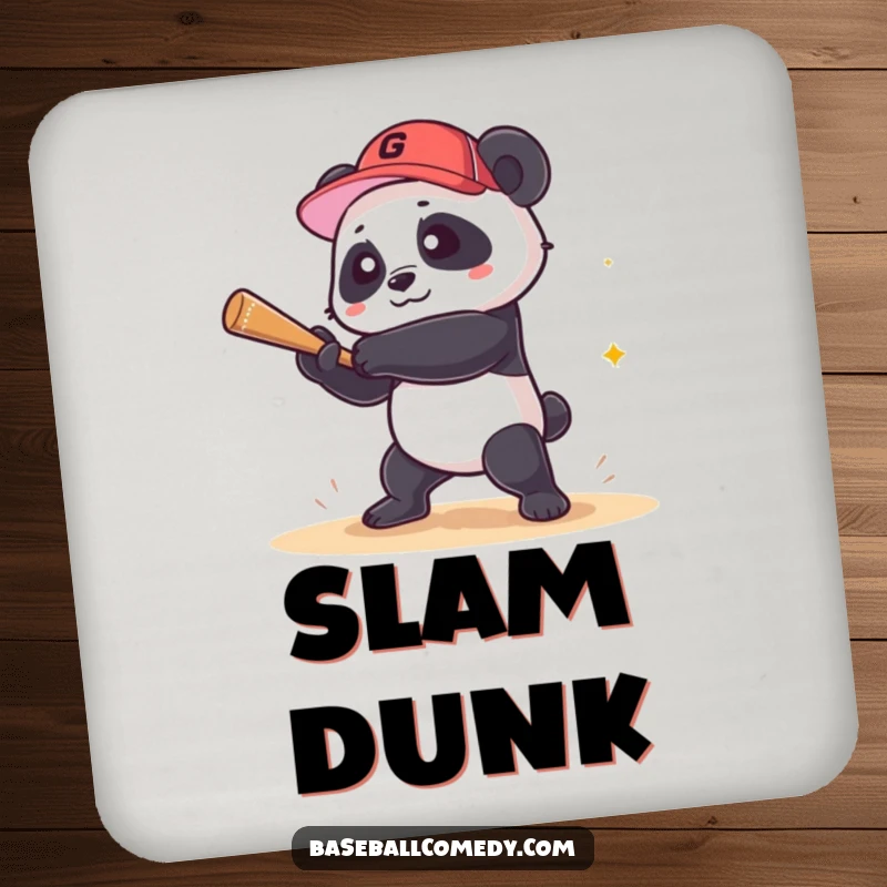 Funny panda drink coasters featuring a panda hitting a grand slam, perfect for protecting furniture with humorous sports flair.