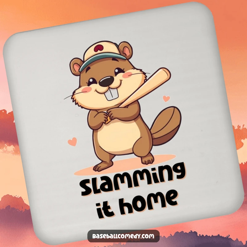 Funny drink coaster with a brave, smiling beaver hitting a baseball home run, a humorous and practical item.