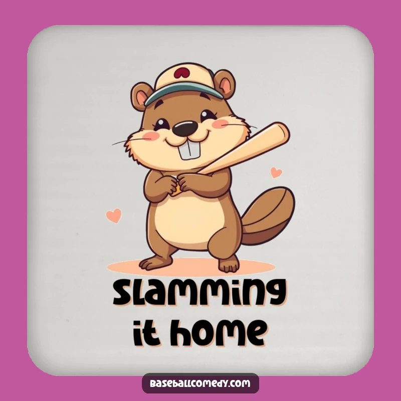 Funny Beaver Home Run Coaster: Winning Smile, Chic Baseball Decor Gift