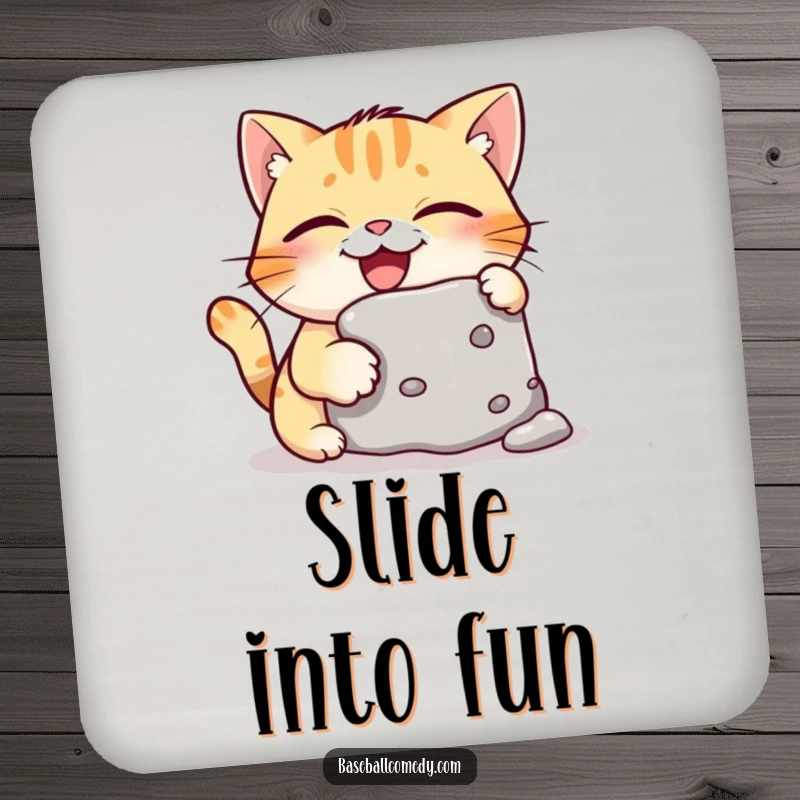 Funny drink coaster featuring a giggling cat stealing a baseball base, adding a humorous touch to any beverage setting.