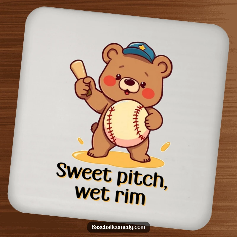 Funny coasters: A bear character pitches a honey baseball, a humorous and protective tabletop accessory.