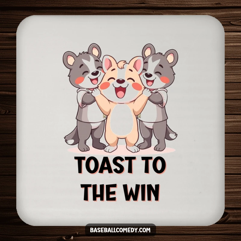 Funny drink coaster depicting a happy animal celebrating with teammates, adding a festive and joyful touch to any table.