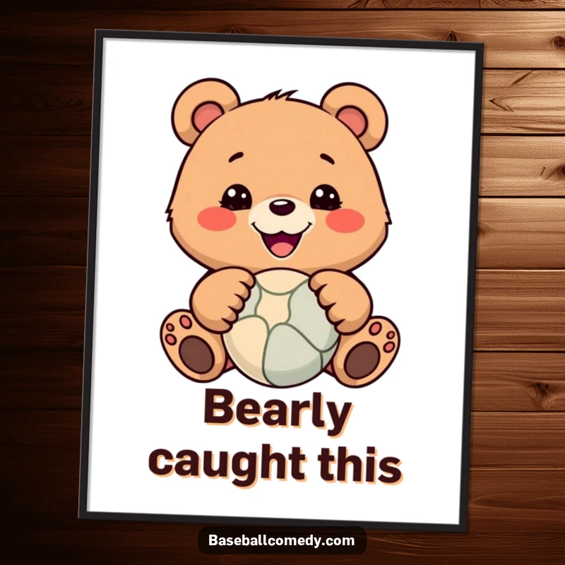 Funny poster print of a happy bear skillfully catching a ball with its paws, adding a touch of humor to any wall.