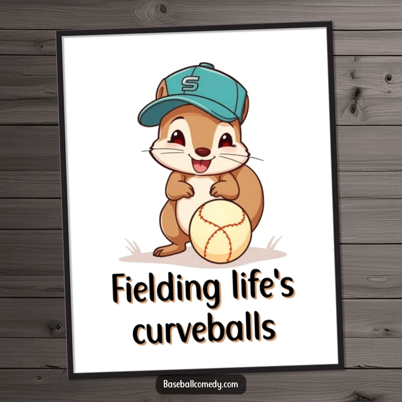 Funny squirrel baseball poster, a squirrel in a cap excitedly fields a ground ball with its paws, celebrating sports and cuteness.
