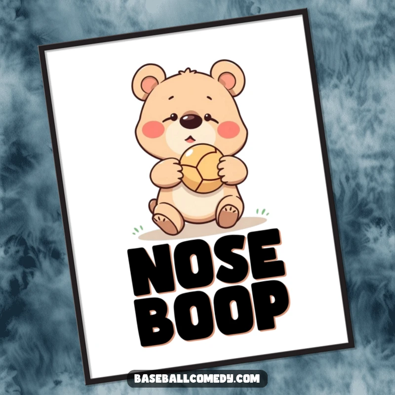 Funny goofy bear missing a baseball catch, ball bouncing off its nose, featured as a humorous poster print.