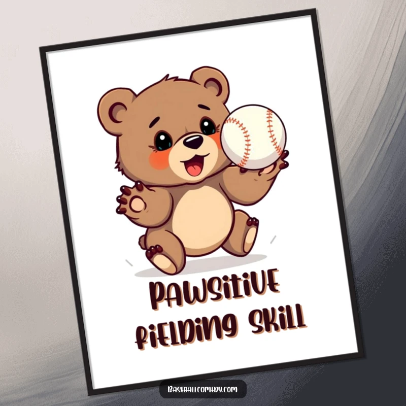 Funny bear cub poster, determinedly catching a baseball with outstretched paws, focused sports wall art.