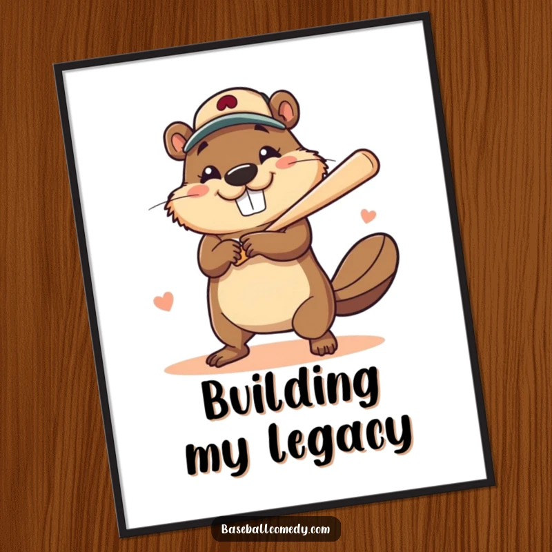 Funny poster art of a brave beaver with a huge grin, hitting a baseball for a home run, a celebratory piece.