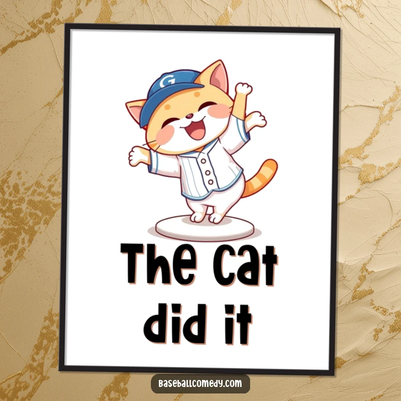 Funny cat in a baseball uniform cartwheeling energetically off base, a whimsical poster, humorous wall art.