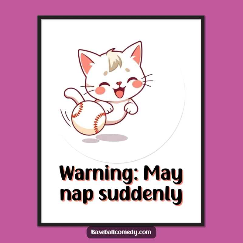 Funny Cat Chasing Baseball Poster - Whimsical Pet Art for Walls