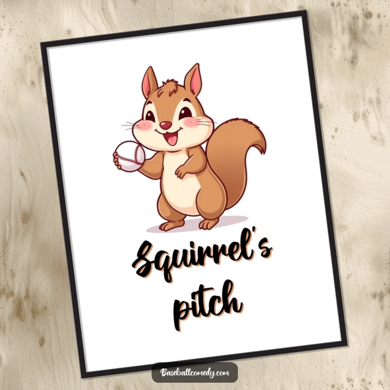 Funny poster of a cheerful squirrel throwing a baseball, perfect for adding a playful touch to decor.