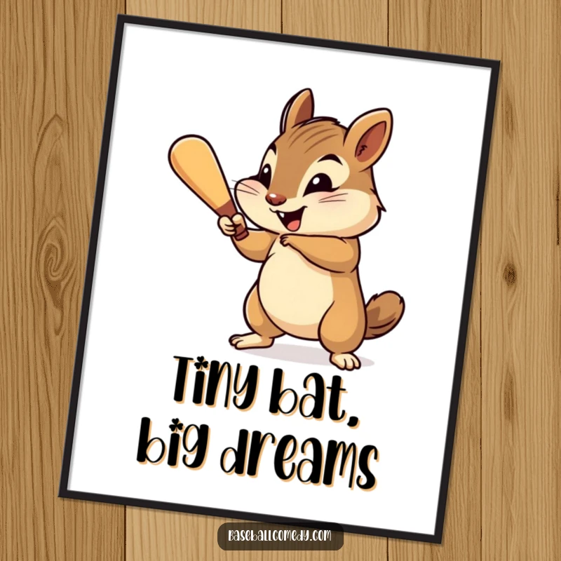 Funny chipmunk poster, cheerfully swinging a tiny baseball bat with gusto, energetic baseball wall art.